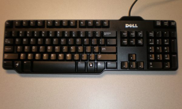 صورة فعلية للوحة Dell L100 تظهر مفاتيح الحروف وShift وCtrl وWindows ولوحة الأرقام