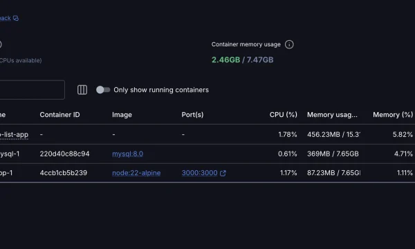 لقطة فعلية من Docker Desktop تعرض خدمتي Node وMySQL ضمن تطبيق Compose