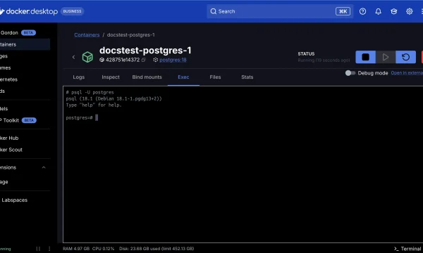 لقطة Docker Desktop الرسمية لنافذة Exec داخل حاوية PostgreSQL