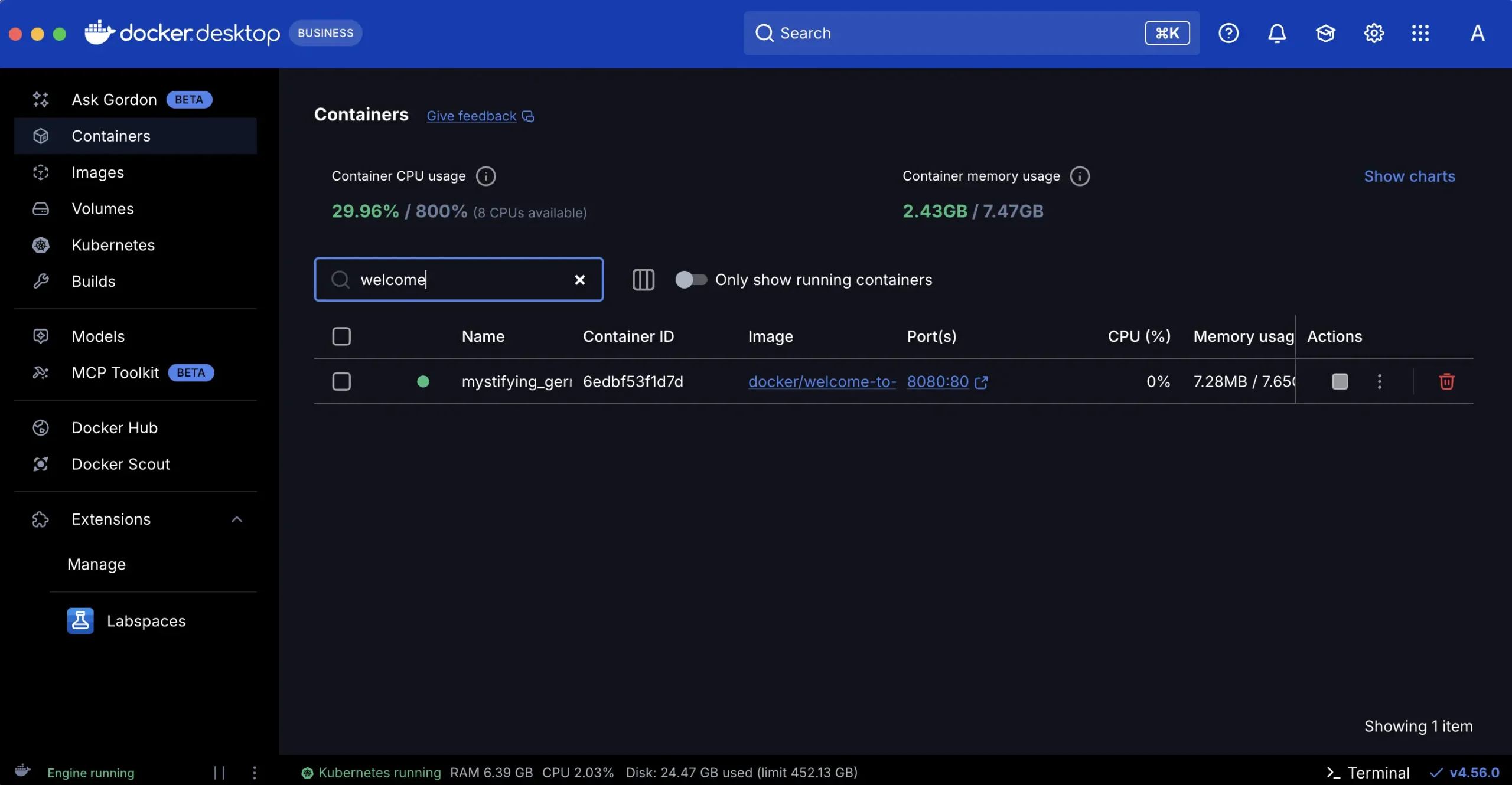 لقطة Docker Desktop تعرض حاوية مع منفذ منشور، من وثائق Docker الرسمية