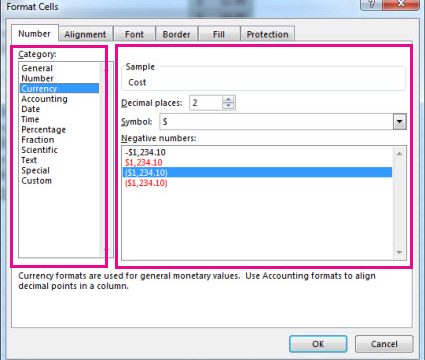 نافذة Format Cells في Excel مع فئات تنسيق الأرقام وخيار Currency