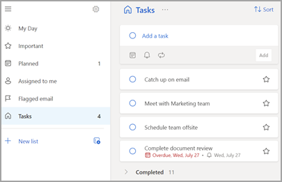 واجهة قائمة المهام في Outlook مع حقل إضافة مهمة ومهام قائمة، من دليل Microsoft
