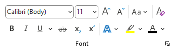 مجموعة Font في شريط Word وتظهر أدوات الخط والعريض والمائل والتسطير
