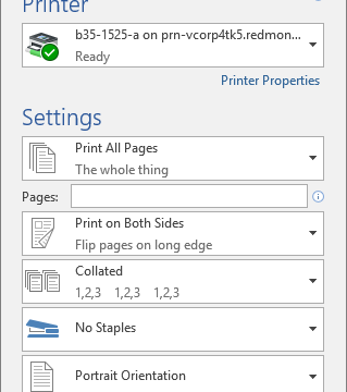 لوحة الطباعة في Microsoft Word مع إعدادات النسخ والصفحات والهوامش