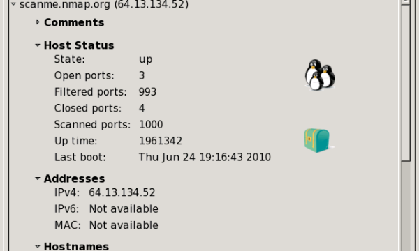 واجهة Host Details في Zenmap تعرض عنوان IPv4 وحالة المضيف وعدد المنافذ