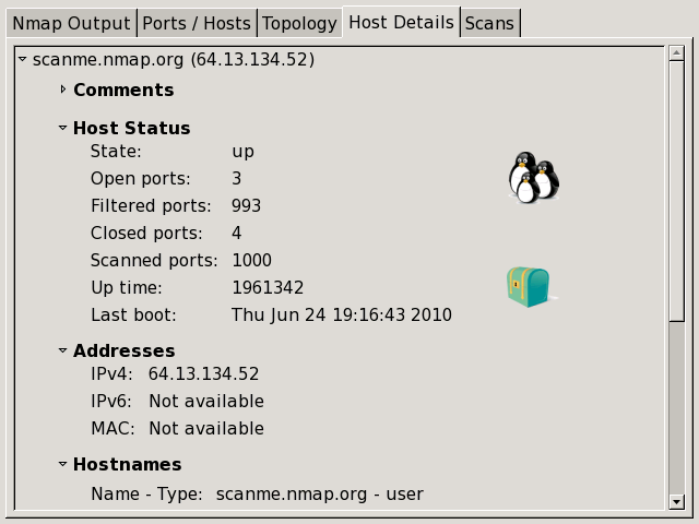 واجهة Host Details في Zenmap تعرض عنوان IPv4 وحالة المضيف وعدد المنافذ