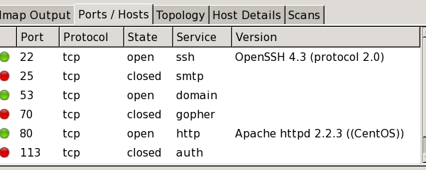 جدول Ports Hosts في Zenmap يعرض رقم المنفذ والبروتوكول وحالات open وclosed
